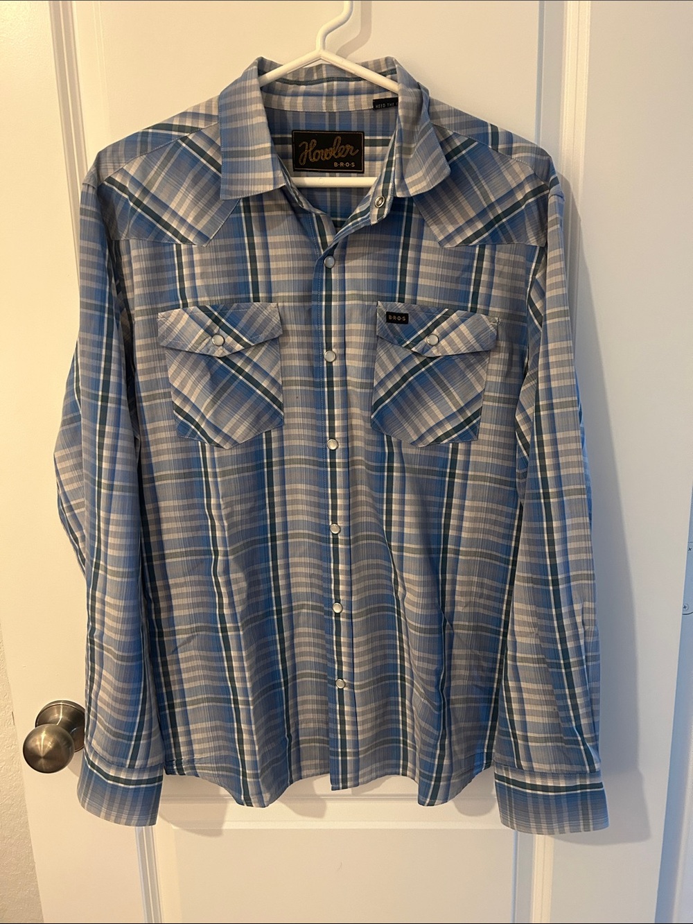 Howler Brothers Light Blue and White Plaid Western Button-Down Shirt